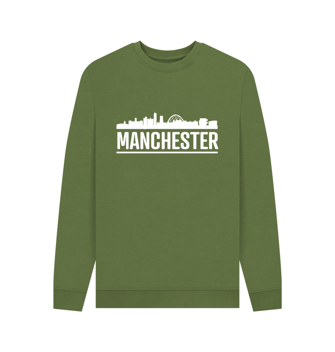 Khaki Manchester Skyline Logo White Monochrome Print Crew Neck Sweater