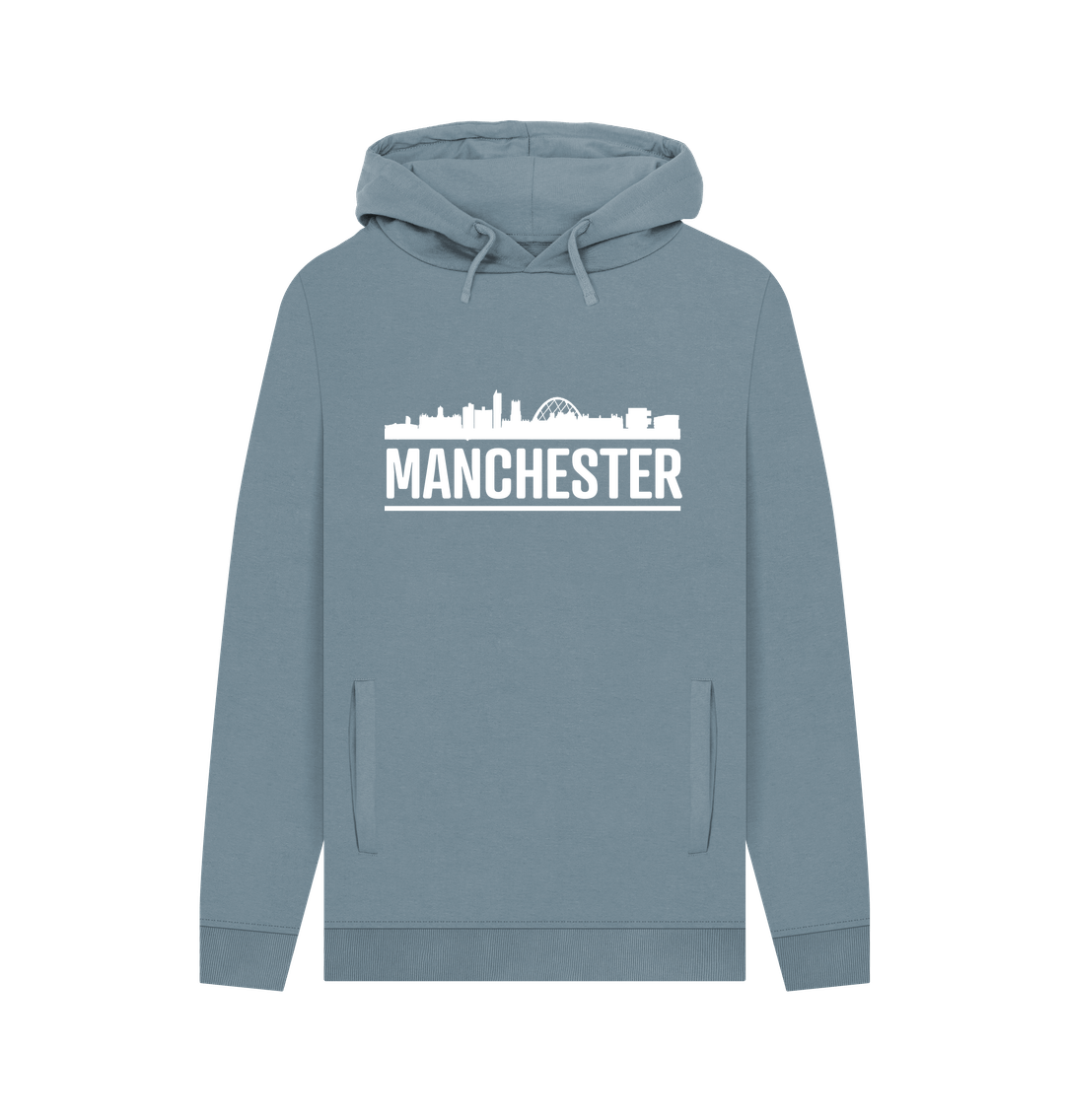 Stone Blue Manchester Skyline Logo White Monochrome Print Hoodie