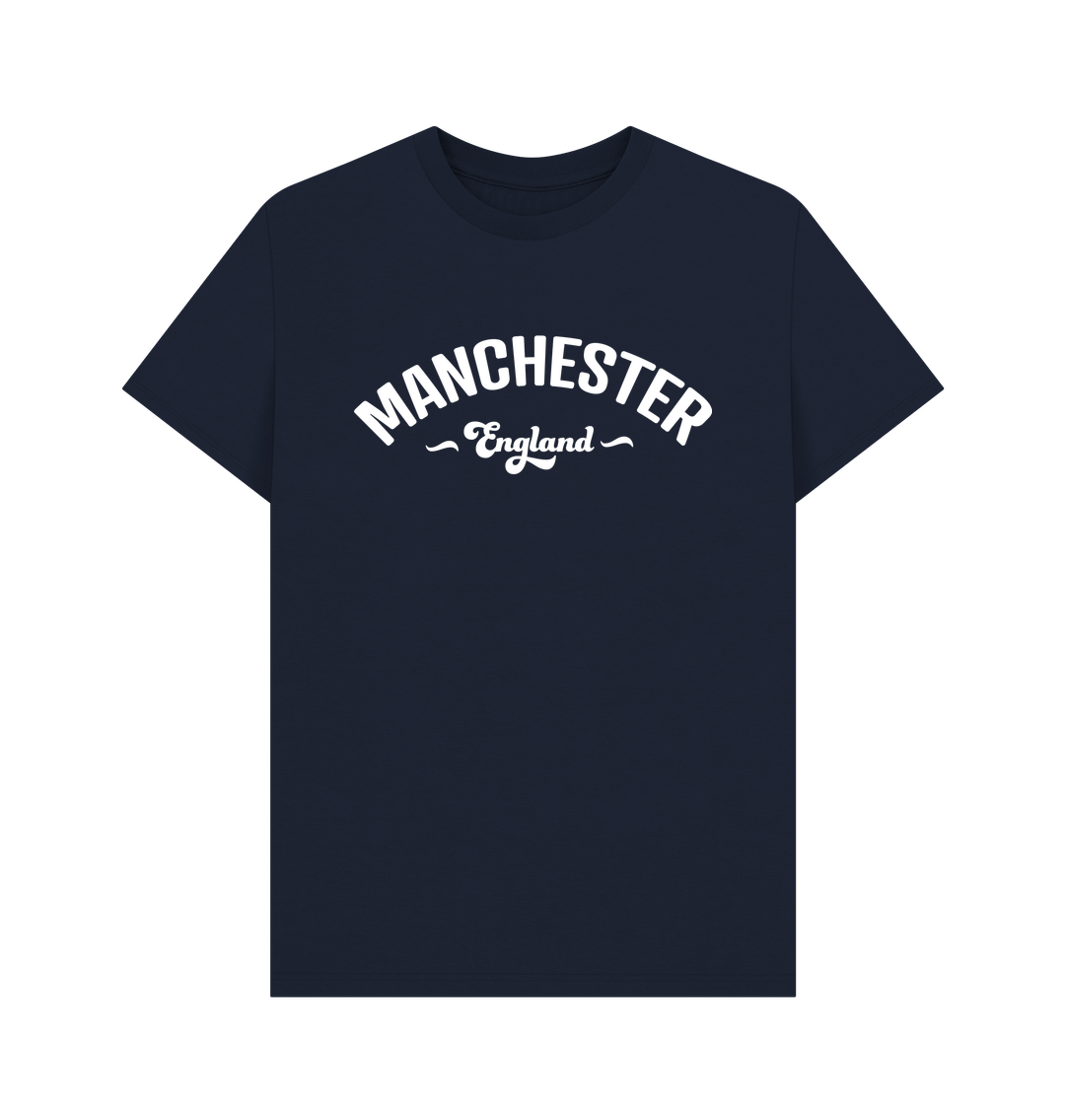 Navy Blue Mens Manchester England Mono White Logo T-Shirt