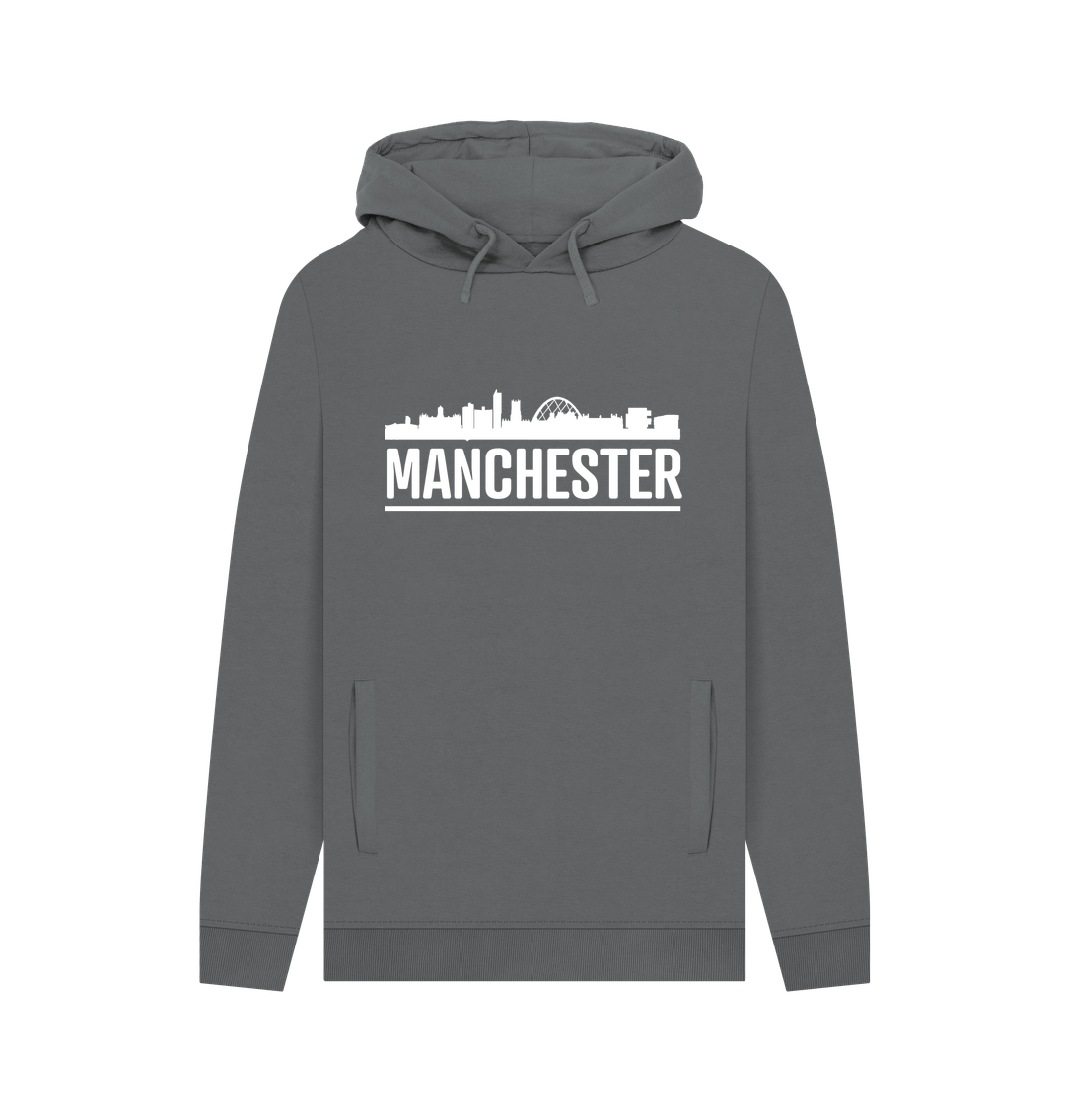 Slate Grey Manchester Skyline Logo White Monochrome Print Hoodie