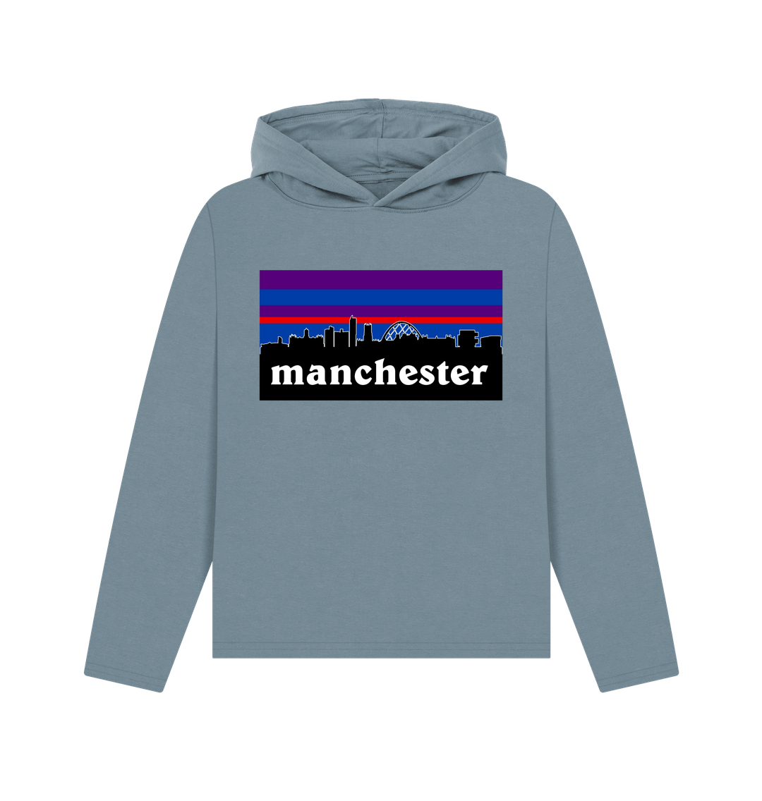 Stone Blue Ladies Manchester Logo and Skyline Crew Neck Relaxed Fit Hoodie