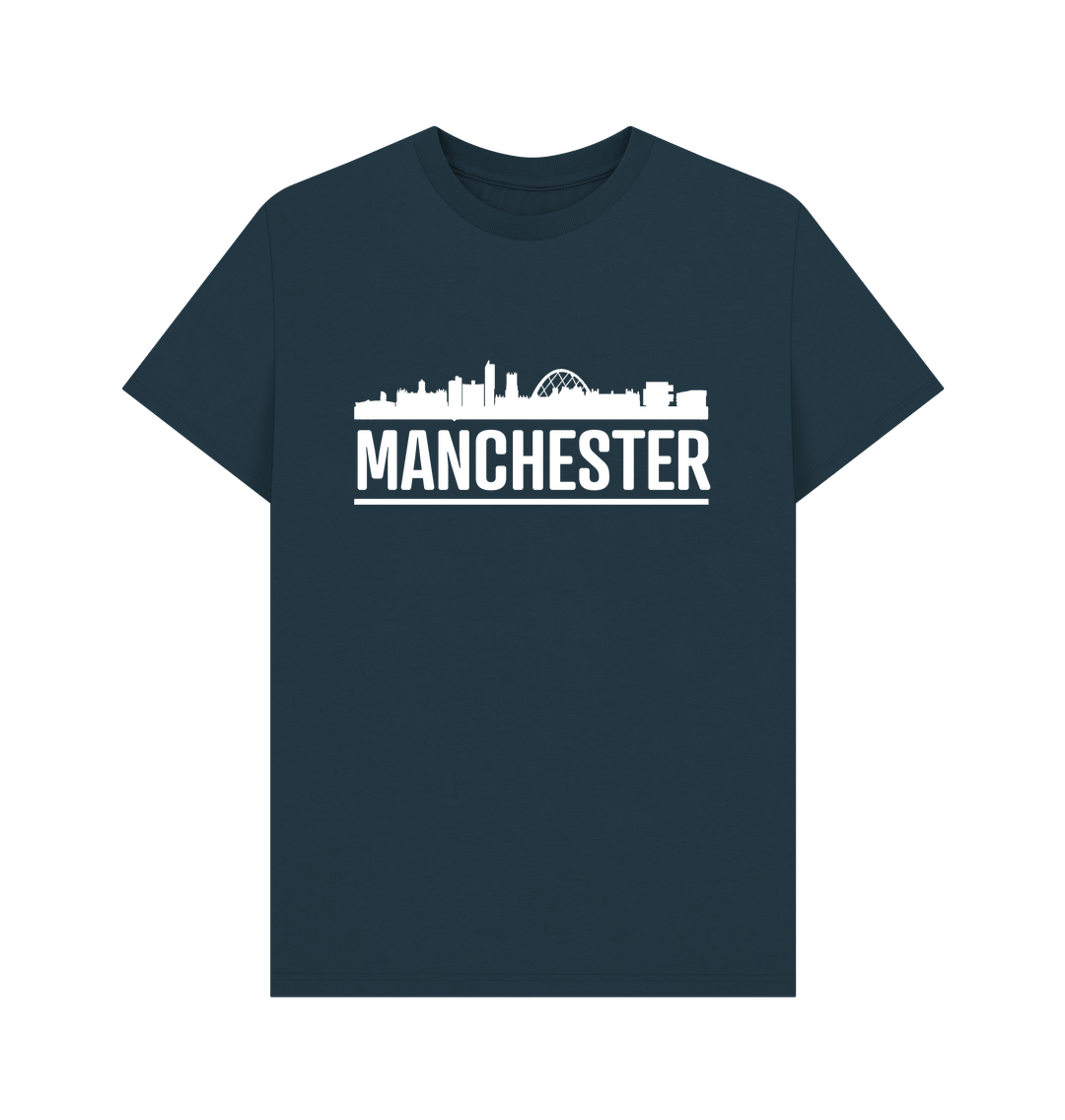 Denim Blue Manchester Skyline Logo White Monochrome Print T-Shirt
