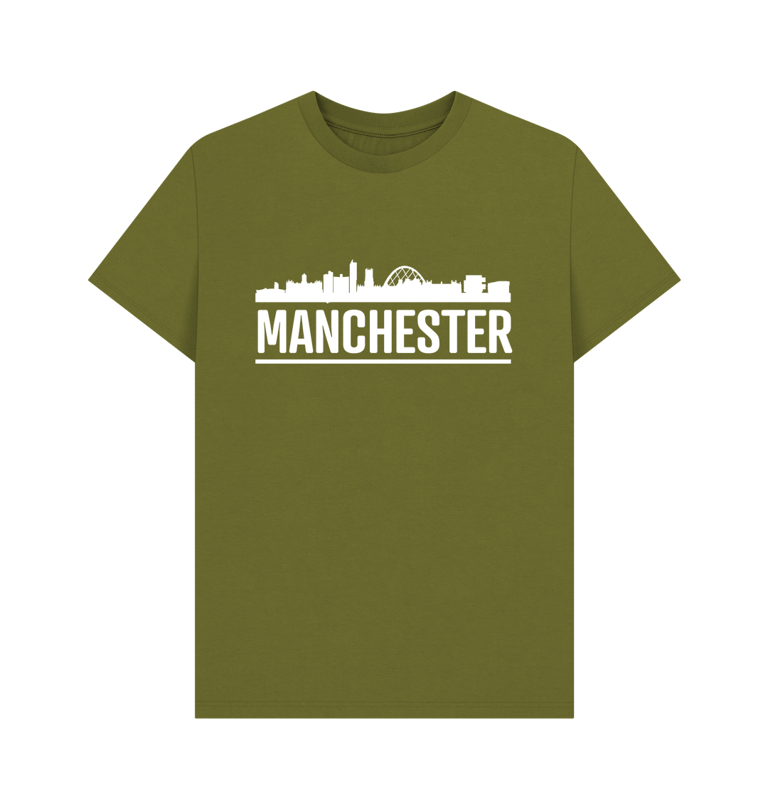 Moss Green Manchester Skyline Logo White Monochrome Print T-Shirt