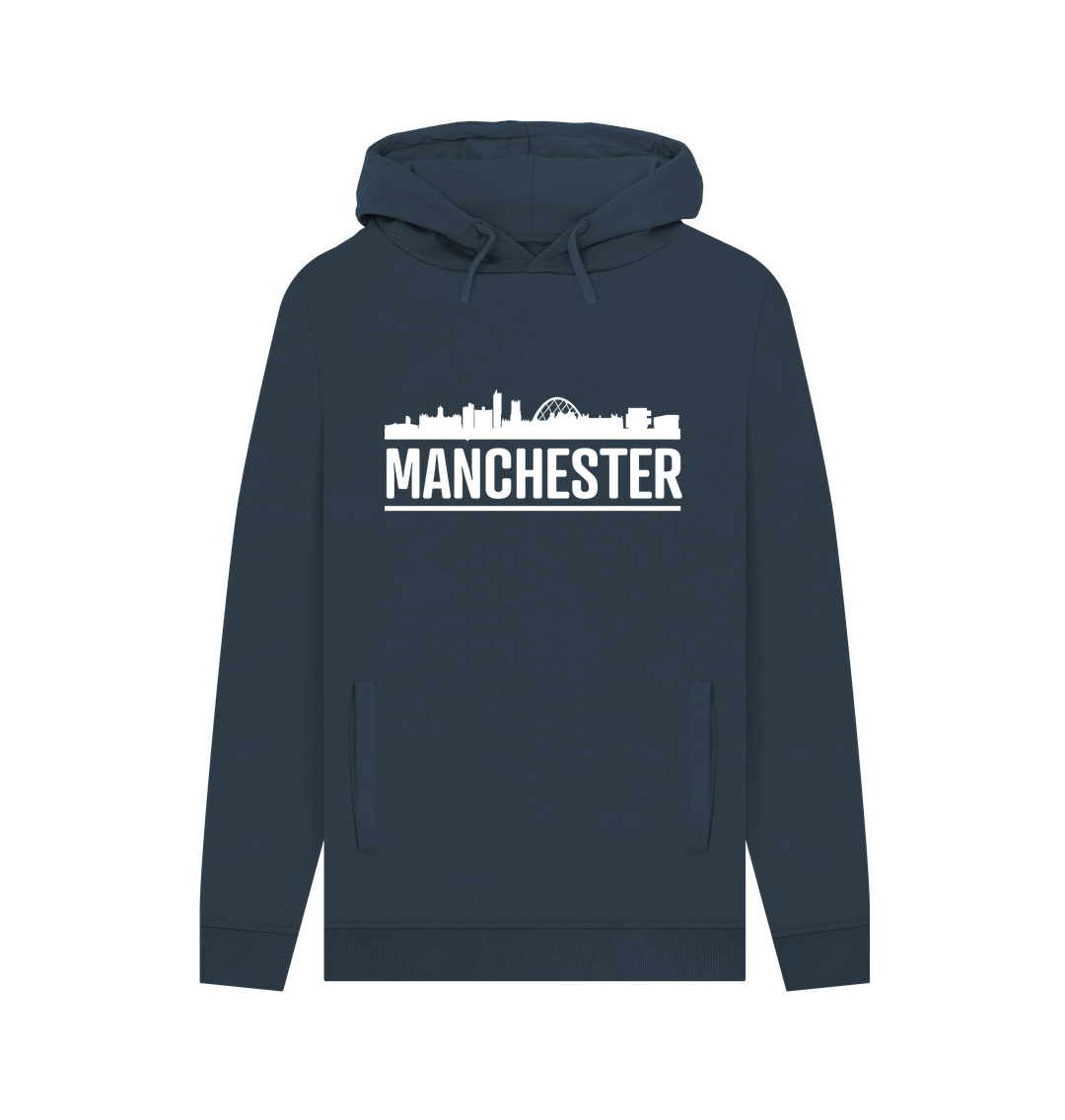 Navy Manchester Skyline Logo White Monochrome Print Hoodie