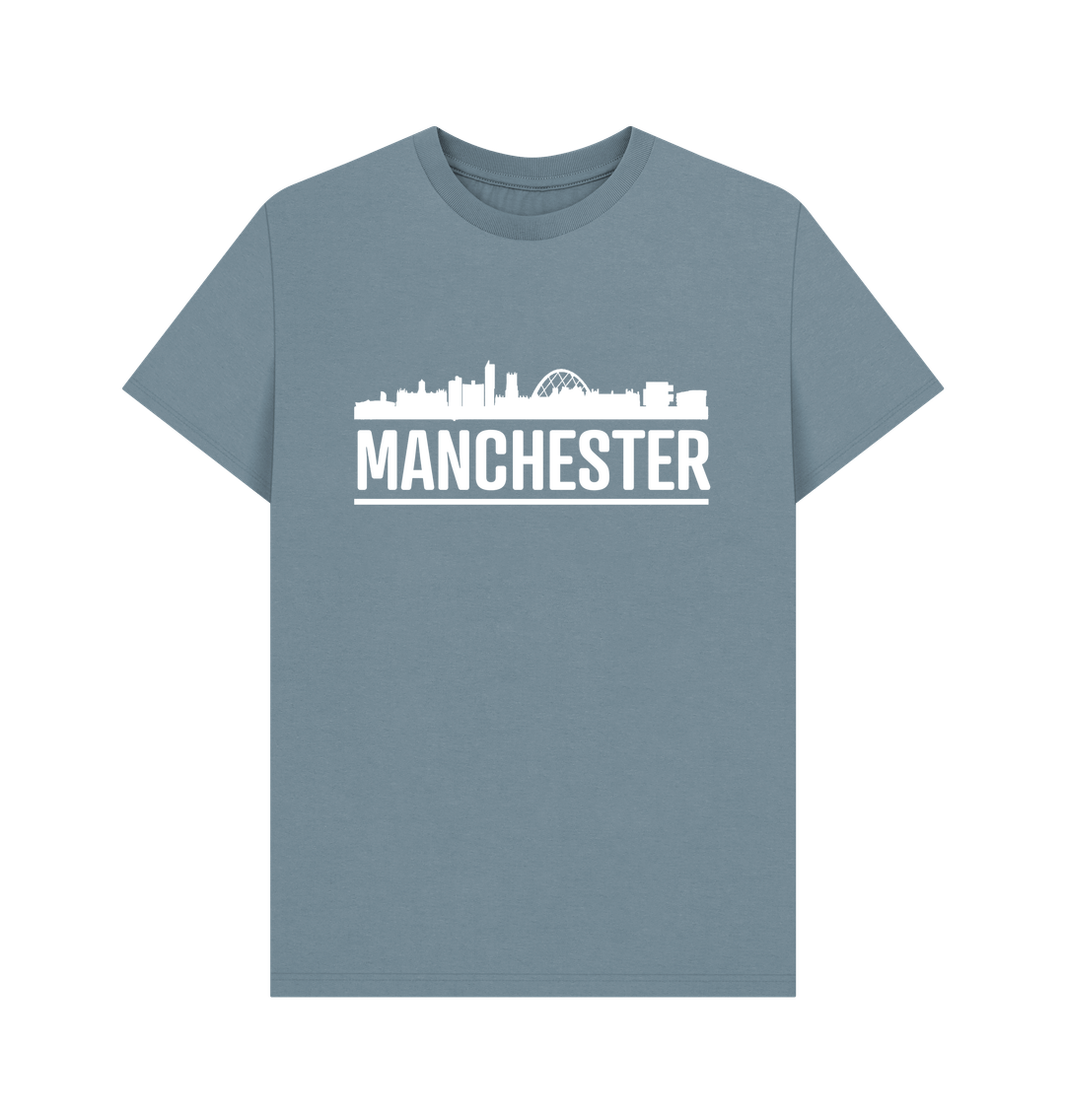 Stone Blue Manchester Skyline Logo White Monochrome Print T-Shirt
