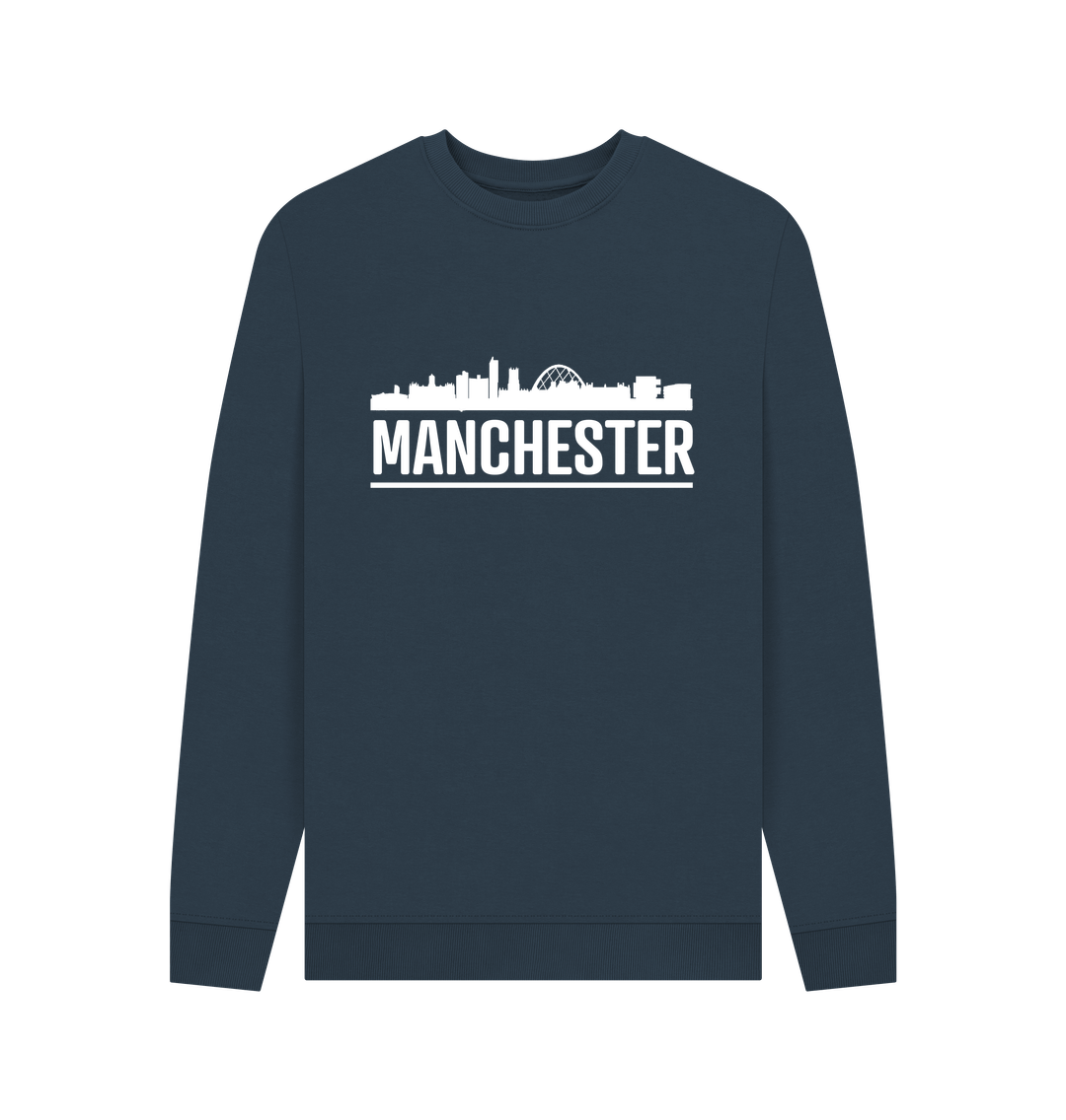 Navy Blue Manchester Skyline Logo White Monochrome Print Crew Neck Sweater