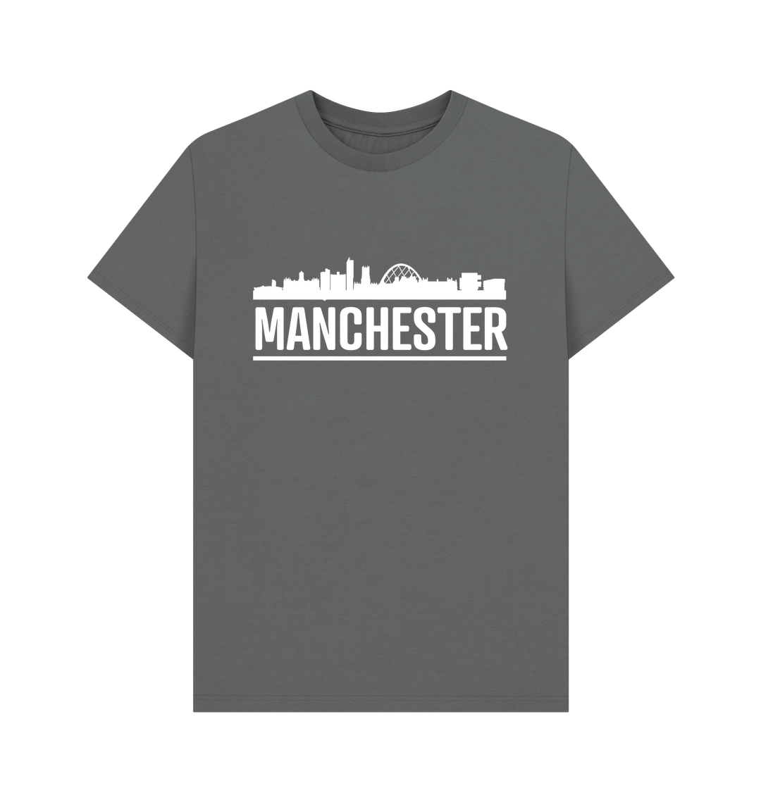 Slate Grey Manchester Skyline Logo White Monochrome Print T-Shirt