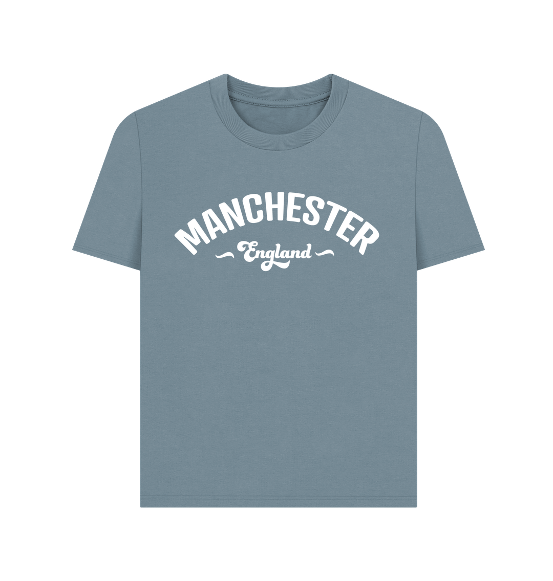 Stone Blue Ladies Manchester England Mono White Logo T-Shirt