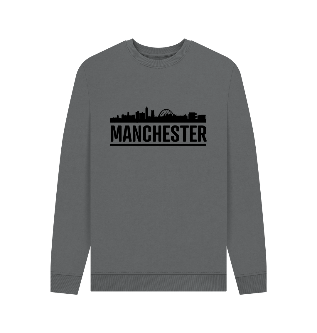 Slate Grey Manchester Skyline Logo Monochrome Print Crew Neck Sweater