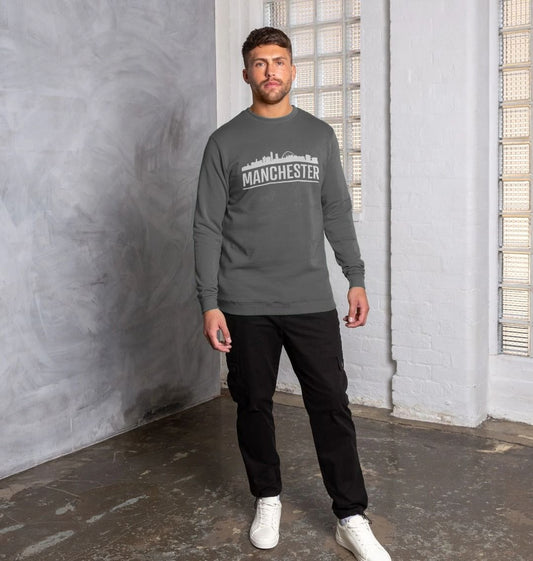 Manchester Skyline Logo White Monochrome Print Crew Neck Sweater