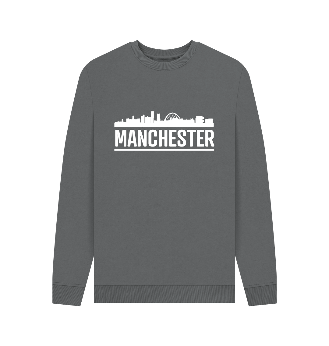 Slate Grey Manchester Skyline Logo White Monochrome Print Crew Neck Sweater