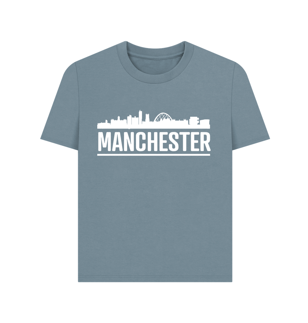 Stone Blue Ladies Manchester Skyline Logo White Monochrome T-Shirt