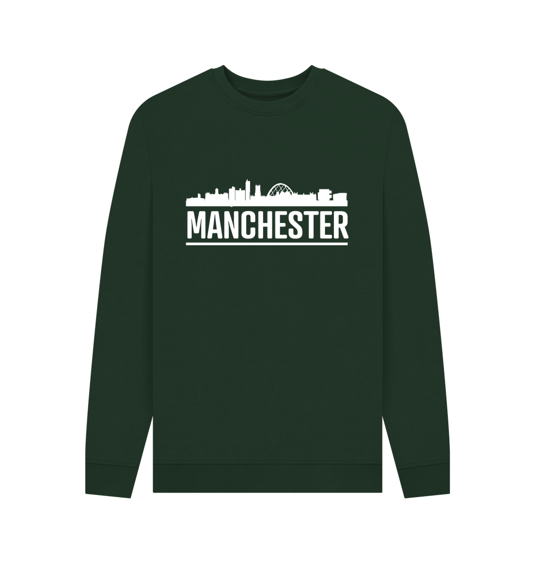 Evergreen Manchester Skyline Logo White Monochrome Print Crew Neck Sweater